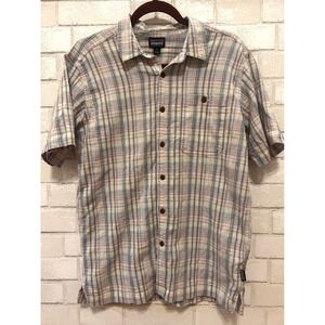 Patagonia Mens Short Sleeve Plaid Organic Cotton Shirt 52921 SP20 Cream Blue M
